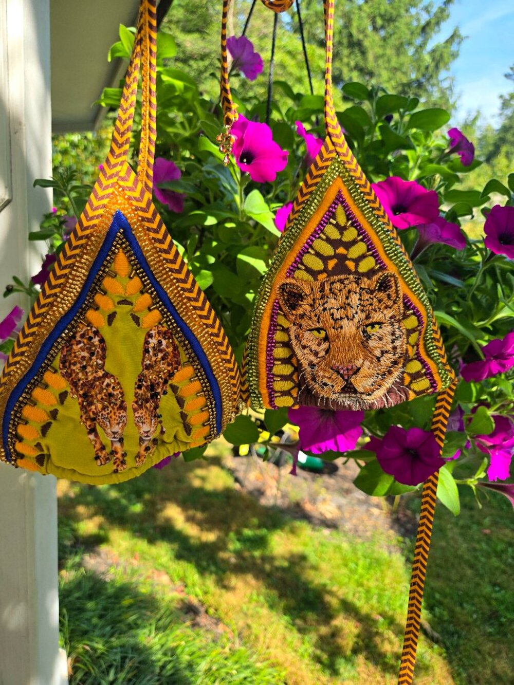 Bydee Hand Beaded Triangle Bikini Top Embroidered Leopard Cheetah Gold Green